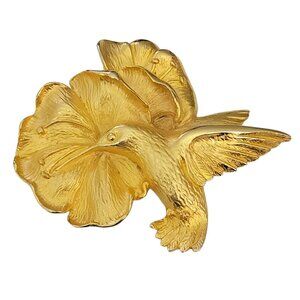Doreen Ryan 1994 Gold Tone Hummingbird Flower Statement Brooch, Signed